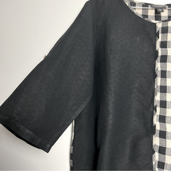 Toofan 100% Linen Black and Natural Checkered Block Print Lagenlook Artsy Top - Picture 4 of 11